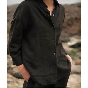 Jenni Kayne Logan Black Relaxed Loose Fit Linen Button Up Shirt  Size S
